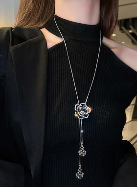 秋冬衣服挂饰时尚玫瑰花长款项链女百搭韩国简约毛衣链挂链配饰品