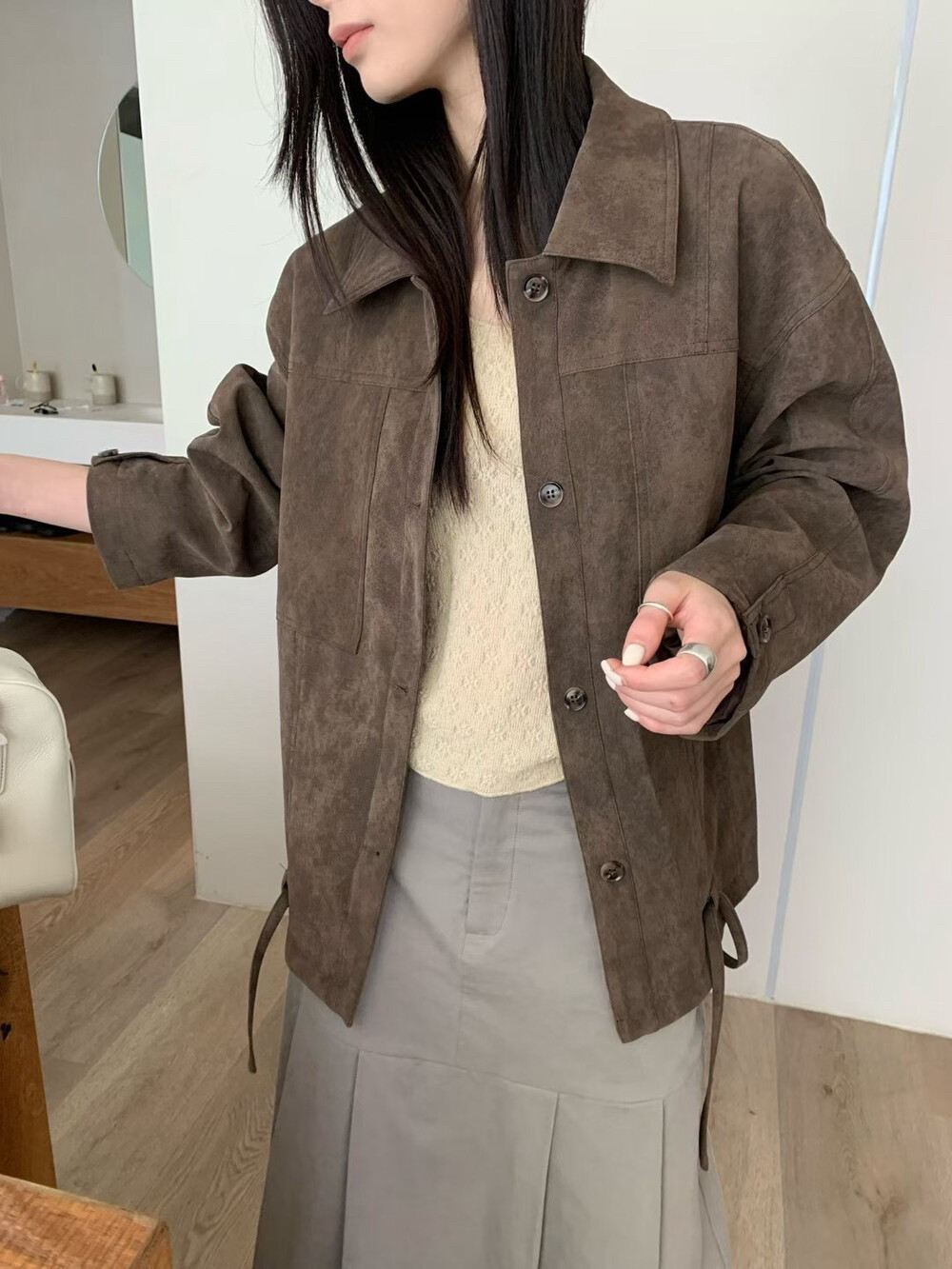 老钱风复古麂皮绒气质翻领外套女2025秋季款收腰系带设计夹克上衣