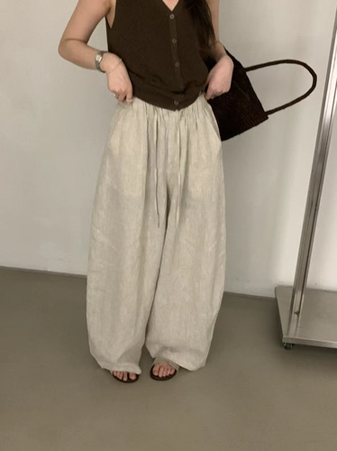 韩系慵懒风松弛感亚麻阔腿裤夏新款松紧腰抽绳宽松显瘦百搭休闲裤