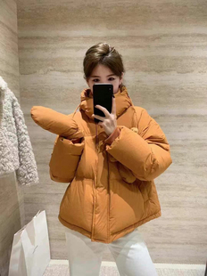 南瓜色立领短款羽绒服女冬新款小个子白鸭绒外套韩系配手套面包服