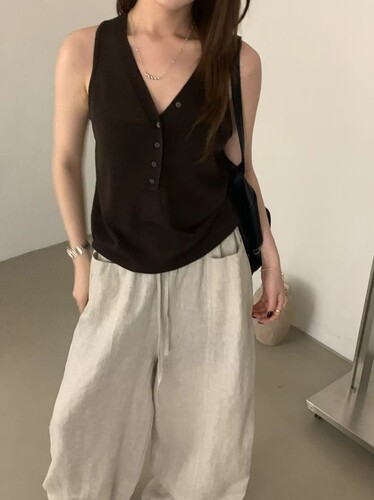 韩系夏新款宽松休闲百搭小个子V领无袖针织背心女显瘦纯色打底衫