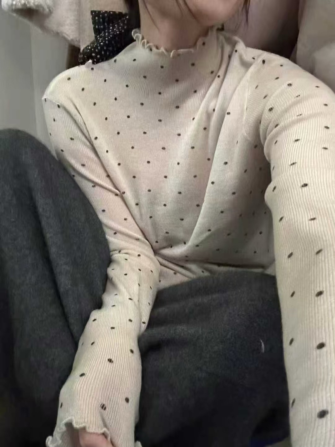 韩系秋冬新款宽松显瘦百搭波点羊毛针织衫女木耳边弹力半高领内搭