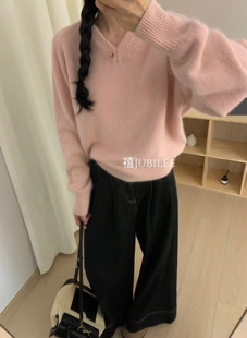 韩国东大门貂绒V领套头毛衣女23秋冬新款纯色百搭软糯慵懒针织衫