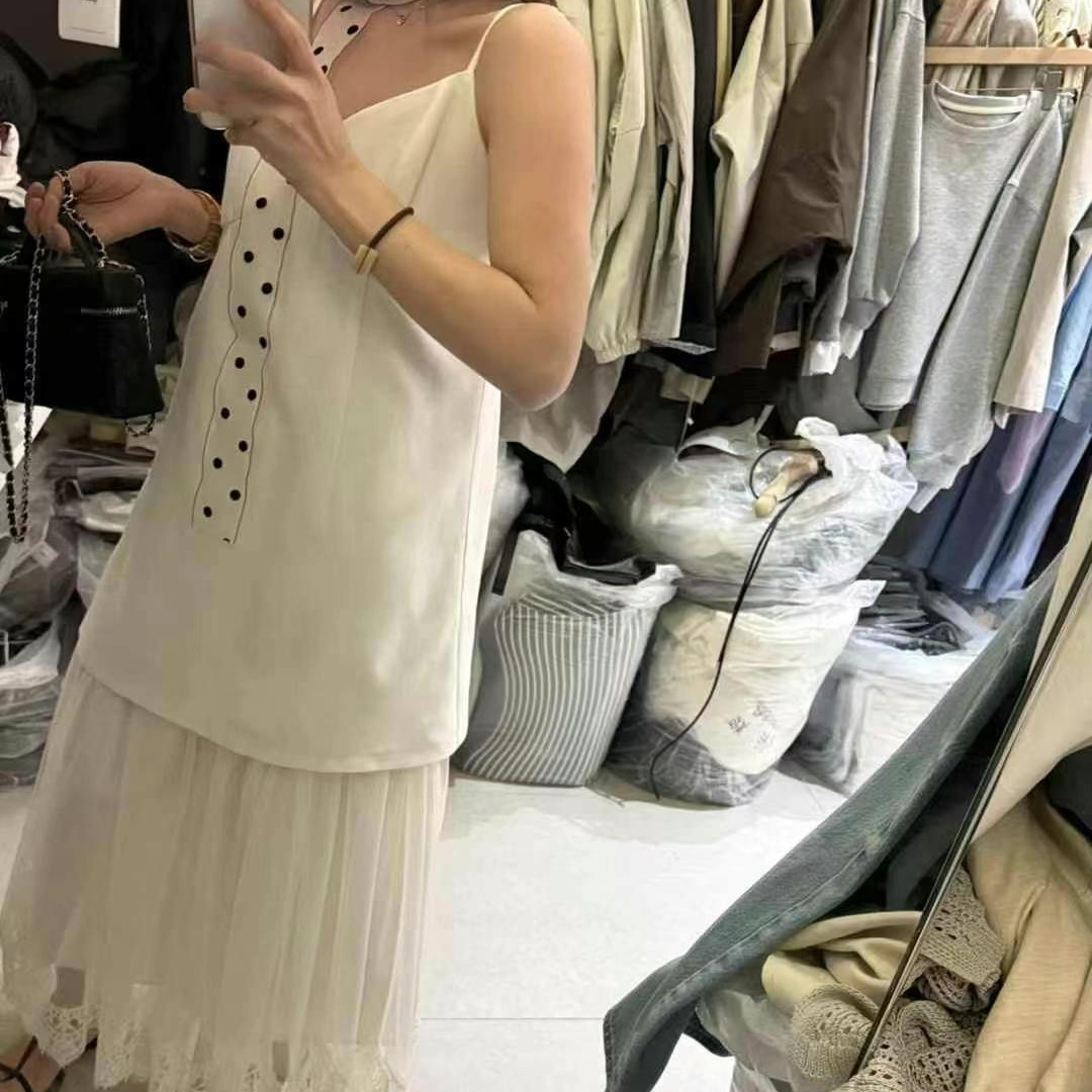 韩系吊带背心女夏韩版宽松气质小个子长款无袖网纱蕾丝拼接连衣裙