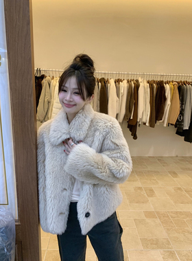 2025冬季托斯卡纳长毛小方领澳洲羊羔毛皮草外套女短款小个子大衣