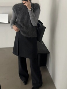 韩系秋冬新款加厚设计感假两件p帘裤微喇毛呢裤显瘦显腿长休闲裤