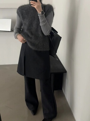 韩系秋冬新款加厚设计感假两件p帘裤微喇毛呢裤显瘦显腿长休闲裤