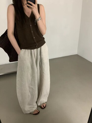 进口和纸纱针织衫夏新款V领单排扣时尚无袖背心宽松显瘦百搭上衣