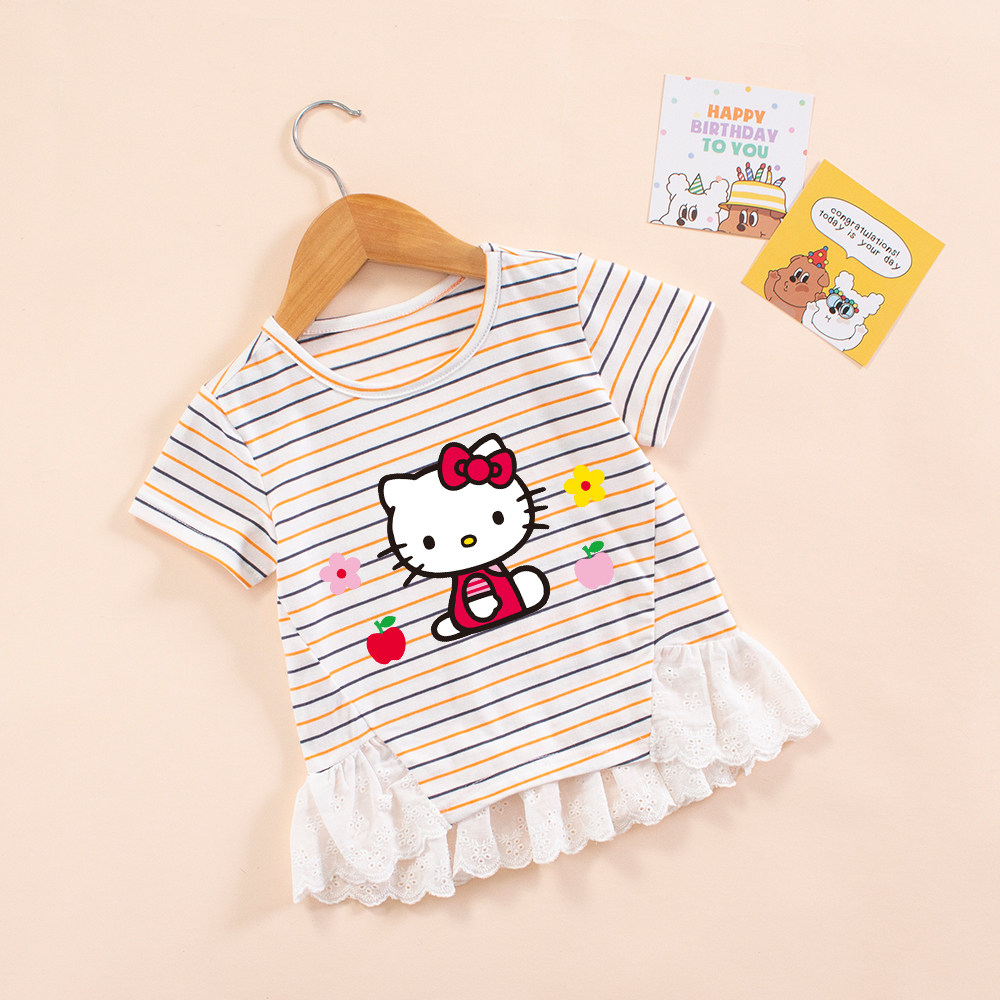 女童短袖T恤夏天韩系小童条纹t恤裙宝宝猫咪衣服女孩花边甜美体恤,童装/婴儿装/亲子装,T恤,淘宝优惠券,粉丝福利购,淘宝优惠卷