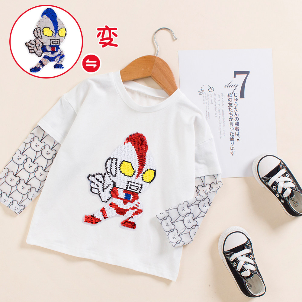 男童宝宝夏季防晒T恤小童长袖假两件上衣薄儿童超人亮片变色衣服