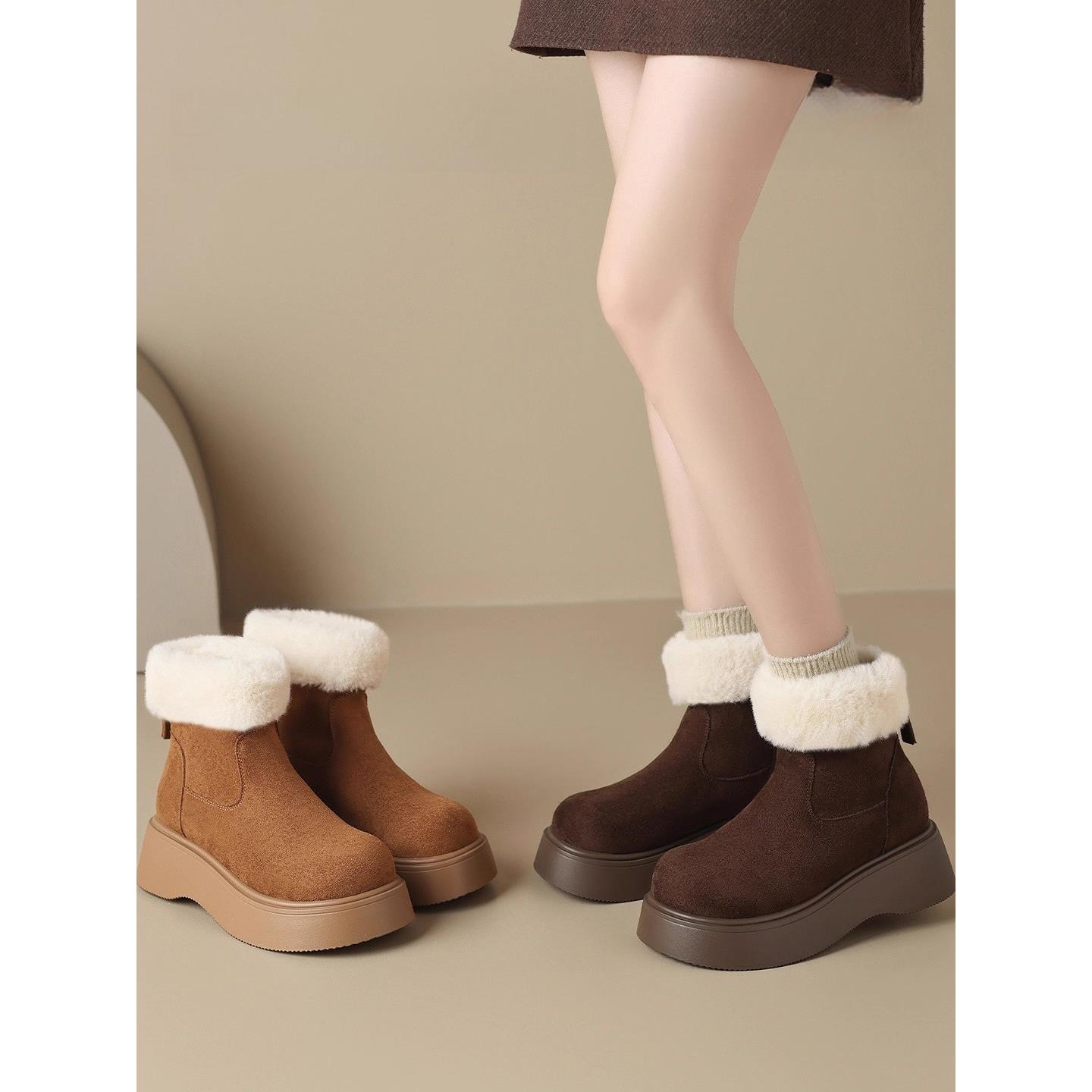 品牌撤柜真皮雪地靴女厚底增高短靴防滑后拉链马丁靴毛毛保暖棉鞋