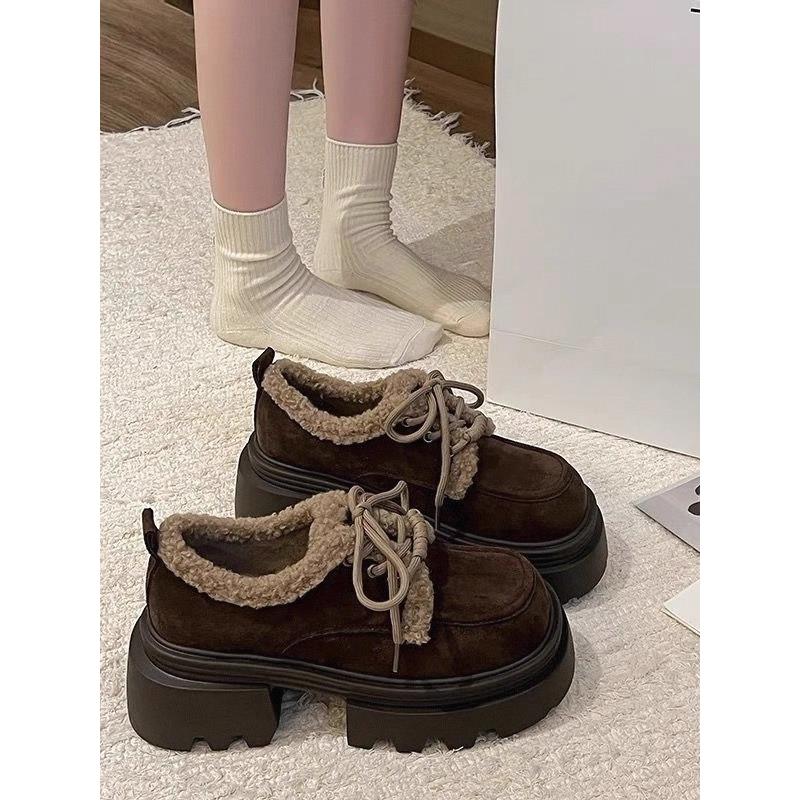 品牌撤柜真皮英伦风秋冬加绒鞋子冬玛丽珍舒适松糕底百搭增高女鞋