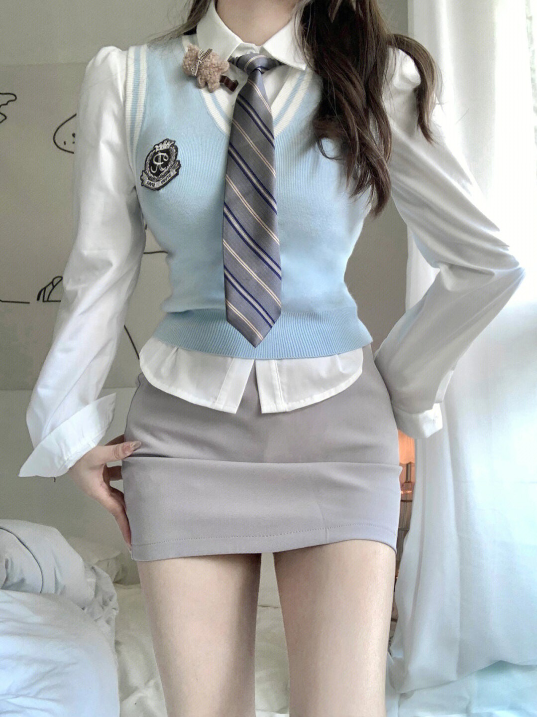 KOREAN UNIFORM COLLEGE STYLE SUIT BABY GIRL BLUE KNIT VEST VEST CAMPUS STYLE PLEATED SKIRT SHIRT THREE-PIECE SET