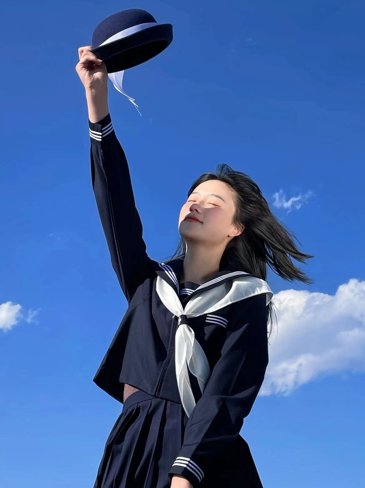 TOKYO HOME ORIGINAL JK UNIFORM SKIRT GENUINE BLUE WHITE THREE SAILOR CLOTHES ACADEMY STYLE SCHOOL FOR INTERMEDIATE SUIT WOMEN