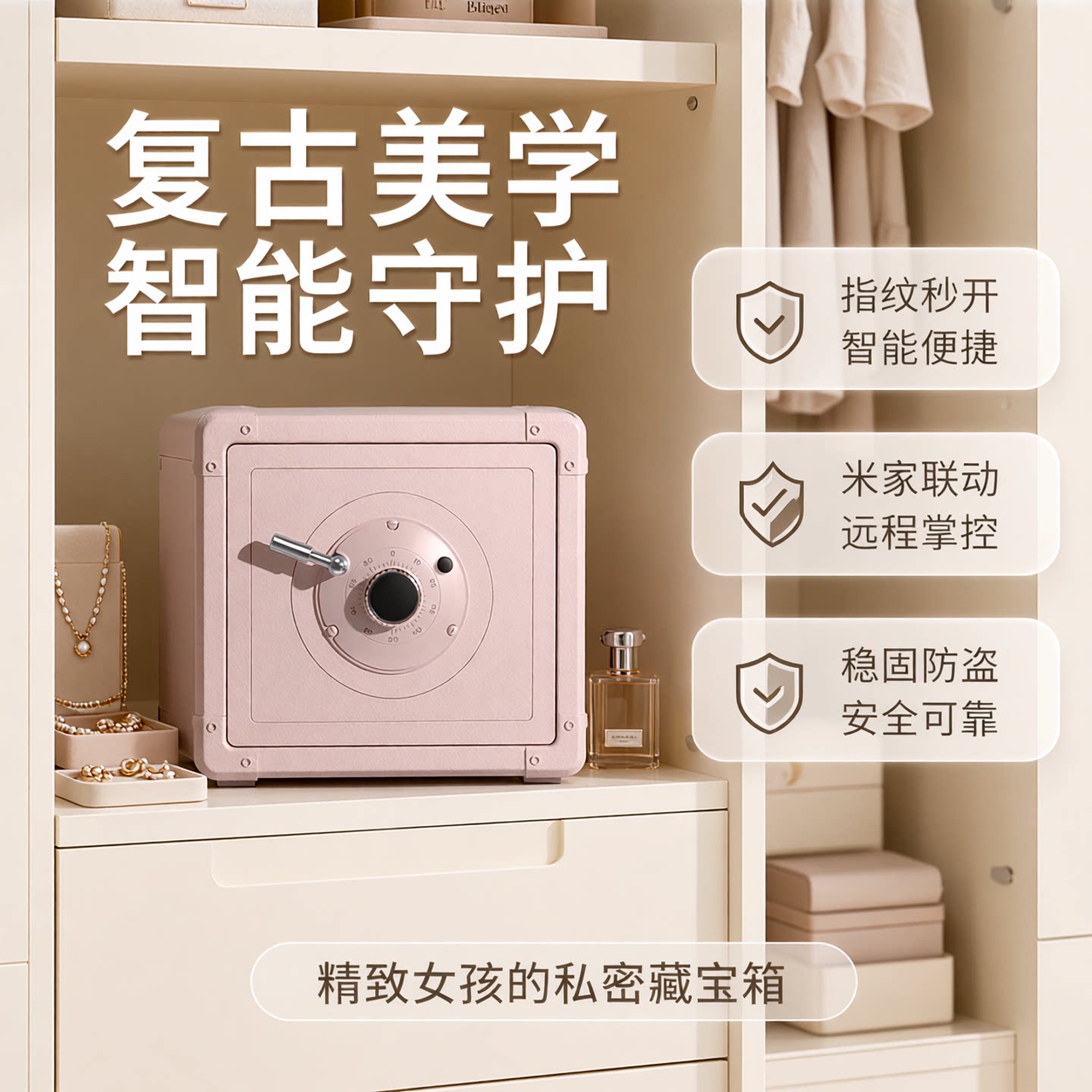 卡唛crmcr复古机械指纹保险柜家用2026新款防盗搬不走小型密码保险箱隐藏式已接入米家APP衣柜保管箱30樱花粉