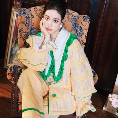 秋冬三层夹棉加厚睡衣家居服女