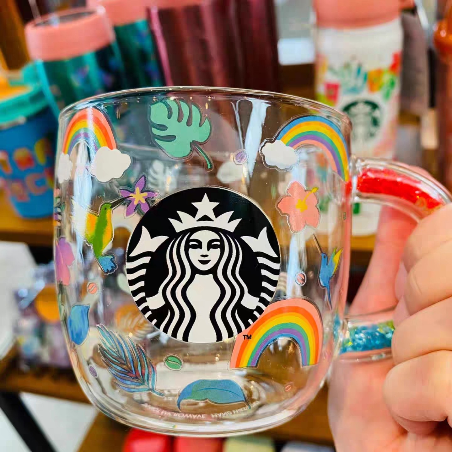 星巴克杯子清仓特价优惠日本可爱彩虹玻璃杯桌面水杯高颜值透明杯
