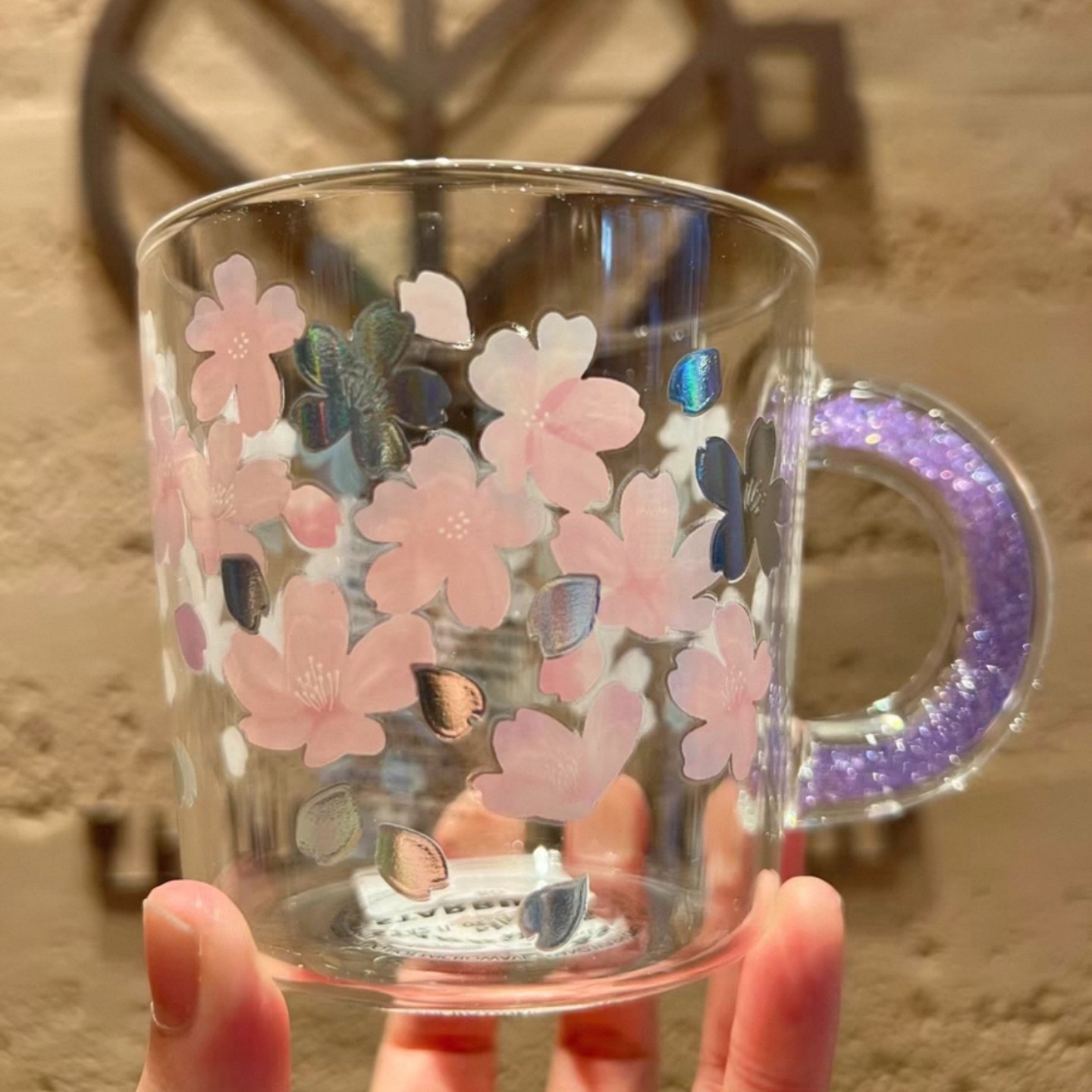 星巴克杯子清仓特价优惠高颜值紫樱花细钻把手玻璃杯桌面马克水杯