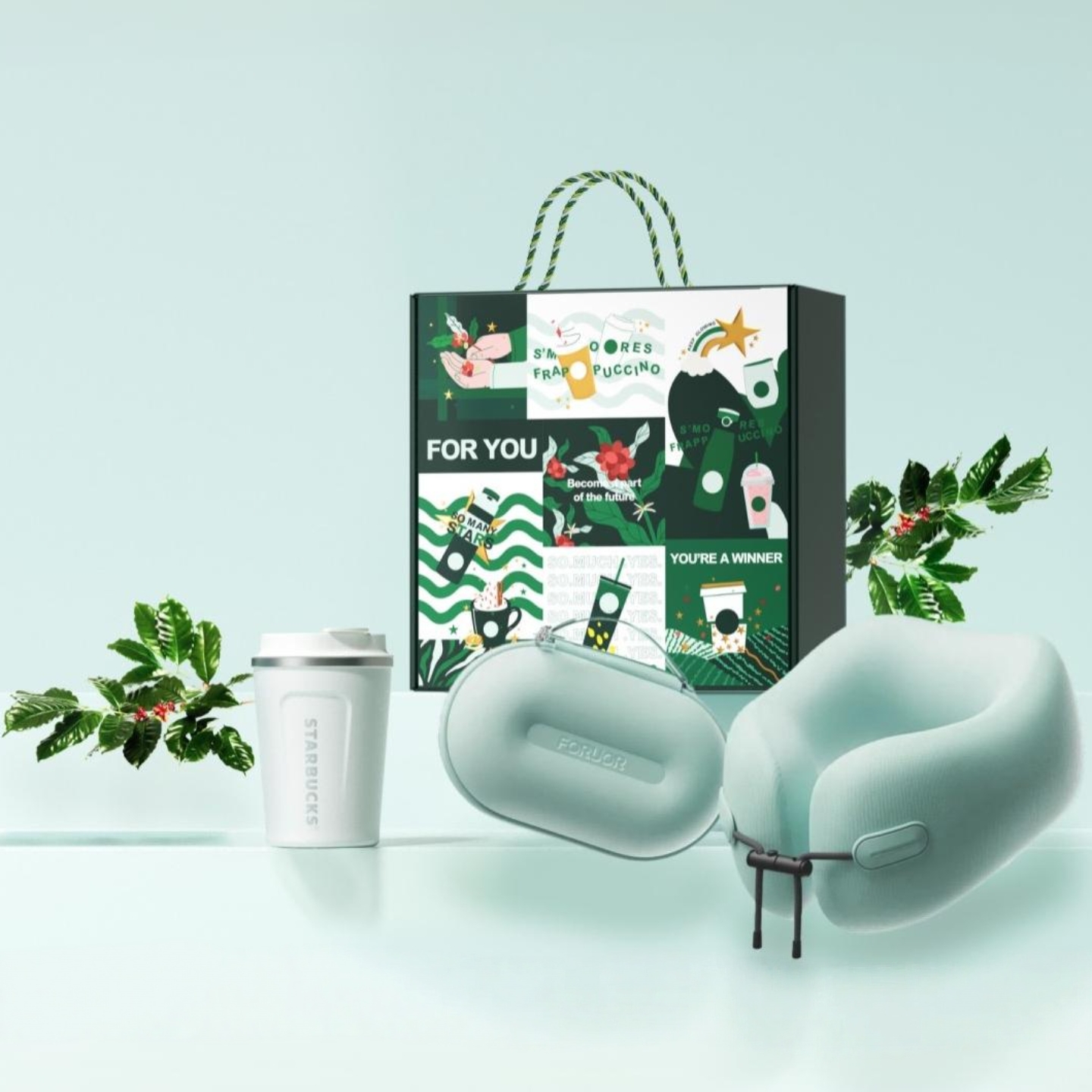 星巴克甄选创意礼盒套装珍珠白随行杯旅行收纳颈枕组合节日送礼物