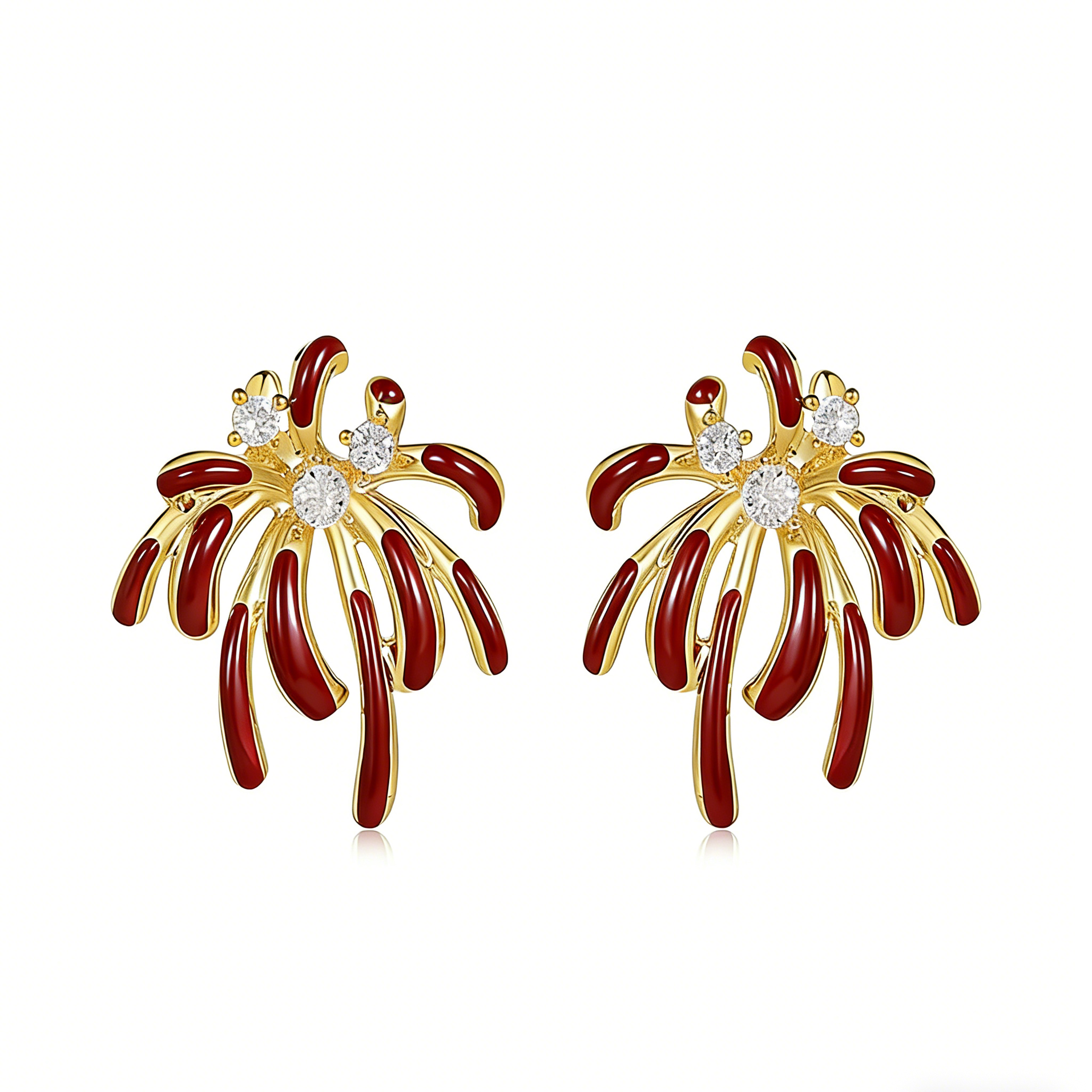 轻奢烟花耳钉女金色红色彩钻耳环