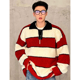 复古条纹撞色学院风慵懒通勤时髦Polo领男女款 获衣局长袖 毛衣美式