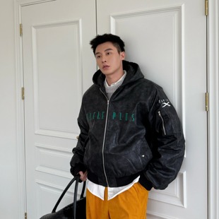 获衣局PU皮棉服夹克外套美式 撞色刺绣字母连帽保暖冬 复古宽松短款