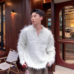 获衣局 保暖氛围感宽松V领套头 毛衣慵懒高级感白色长毛绒韩系冬季