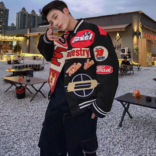 小众潮牌机车风刺绣贴标棉服男女同款 获衣局 重磅刺绣机车服