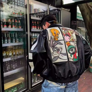 获衣局兔子八哥贴布绣秋美式 宽松螺纹摆 翻领皮衣外套网红单肩韩版