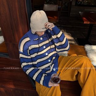 获衣局秋冬宽松百搭翻领针织衫 外套 韩系撞色条纹毛衣休闲开衫