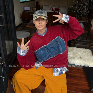 高级感毛衣韩版 美式 潮流秋冬内搭圆领针织上衣 牛仔拼接 获衣局