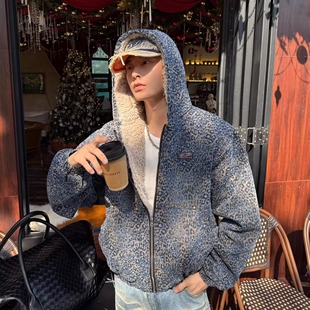 蓝色豹纹连帽棉服外套内里加绒冬宽松街头美式 棉衣 韩系氛围感开衫