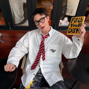 刺绣宽松纯棉领带翻领衬衫 校园风休闲韩系净版 领带衬衫 获衣局