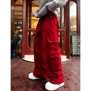 百搭显瘦长裤 获衣局纯棉口袋工装 松紧腰宽松阔腿男女款 弯刀美式 裤