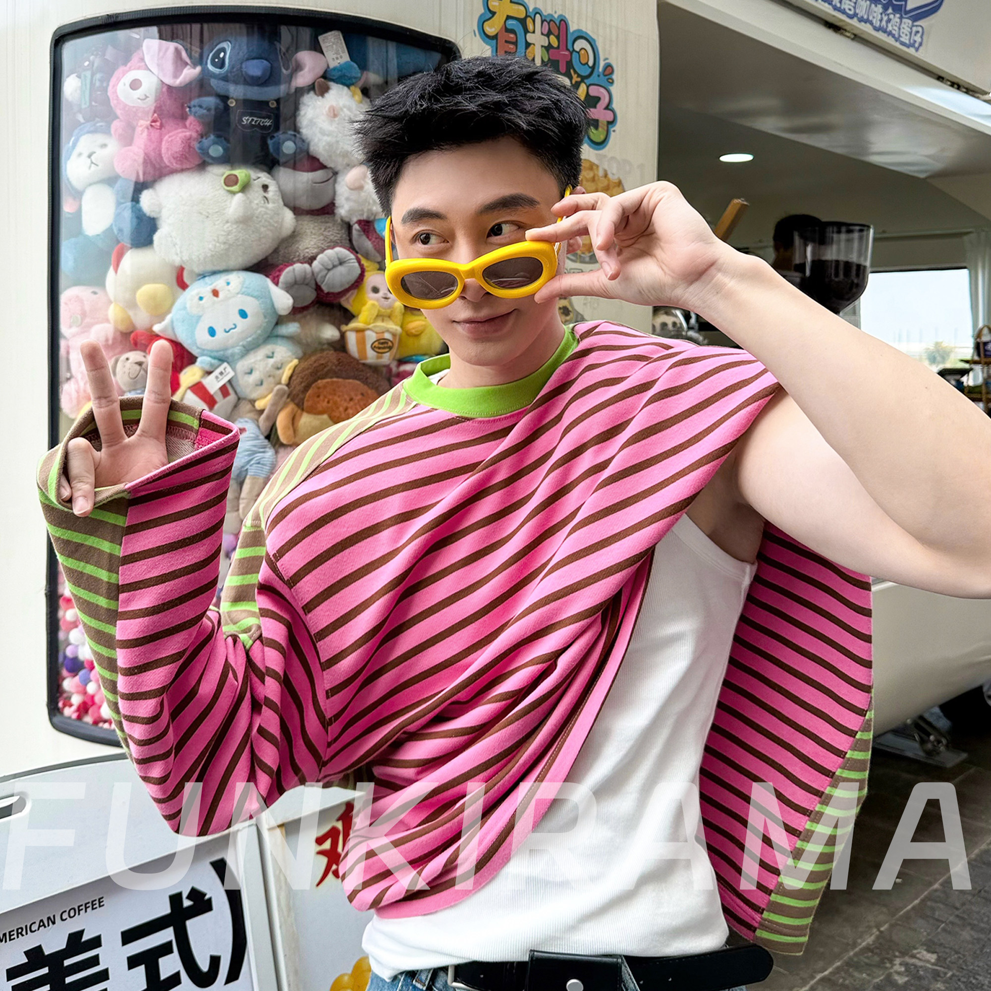 2026春季新款撞色T恤原创设计美式休闲拼接条纹撞色毛圈棉男长袖