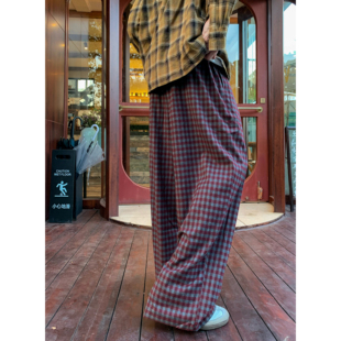 获衣局格子裤 休闲日常百搭 宽松慵懒松弛感直筒阔腿橡筋腰抽绳长裤