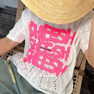 发泡字母印花度假风圆领男女情侣T恤 休闲宽松时尚 获衣局 镂空