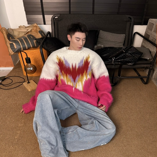 圆领套头韩系多巴胺毛衣张艺兴同款 长毛提花刷毛美式 宽松重磅冬季