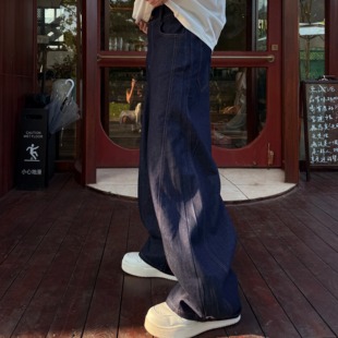 休闲宽松阔腿牛仔裤 获衣局 净色藏蓝色弯刀美式 净版 藏蓝长裤