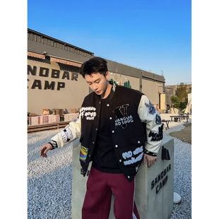 子棒球服菱形格 秋冬街头男女日常刺绣拼接PU袖 获衣局 毛巾棉