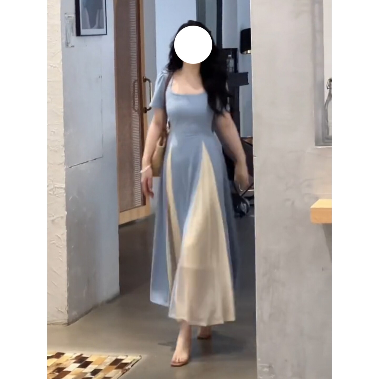 品牌大码方领短袖雪纺纯色法式收腰连衣裙女微胖mm夏装新款中长裙