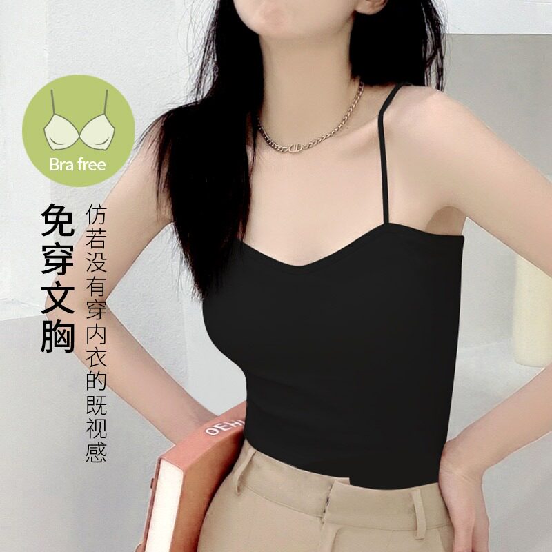 黑色纯棉小吊带美背背心女夏免穿文胸一体带胸垫内搭泰式小众上衣