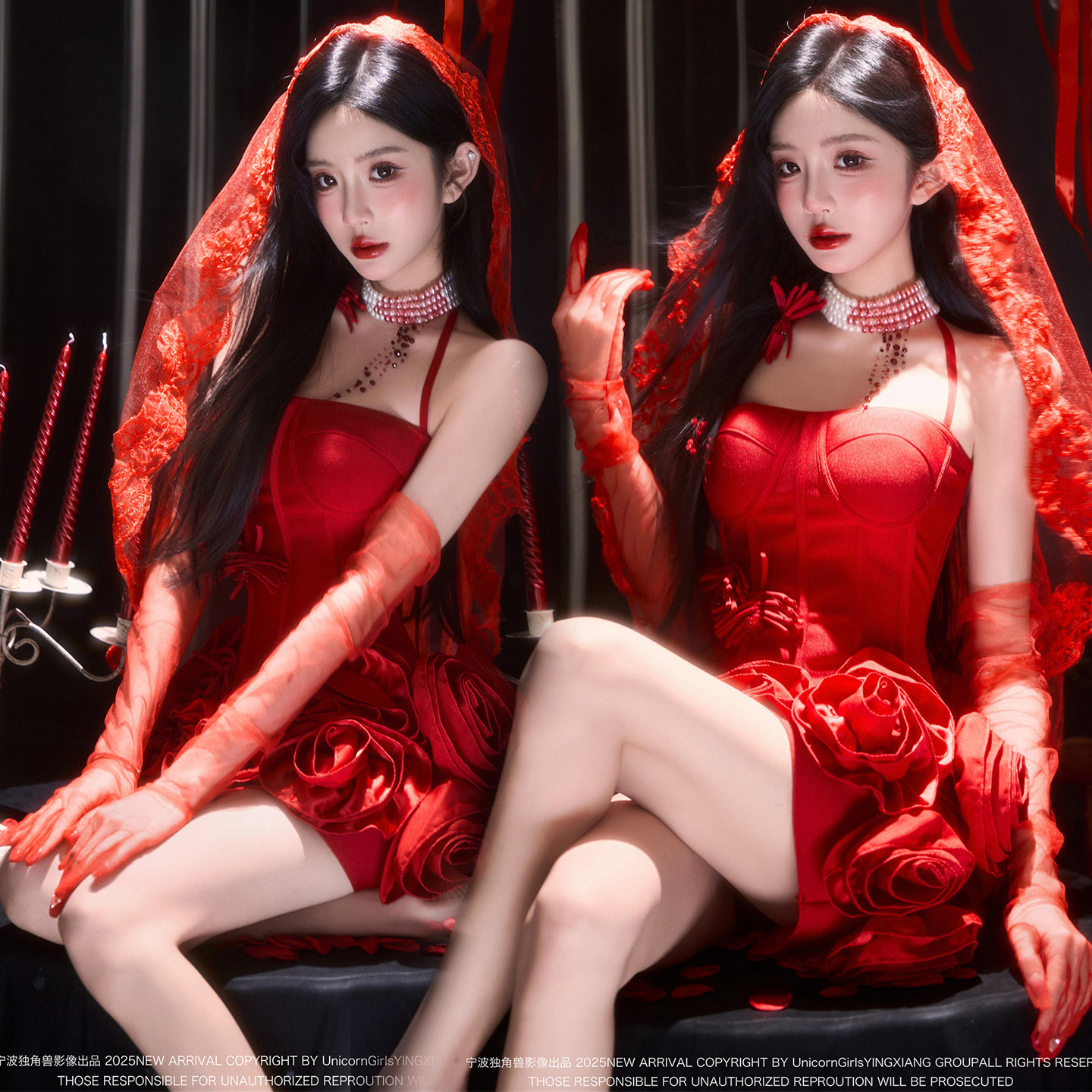 照相馆新款性感拍照玫瑰女主红色礼服裙少女哥特风纯欲写真摄影服