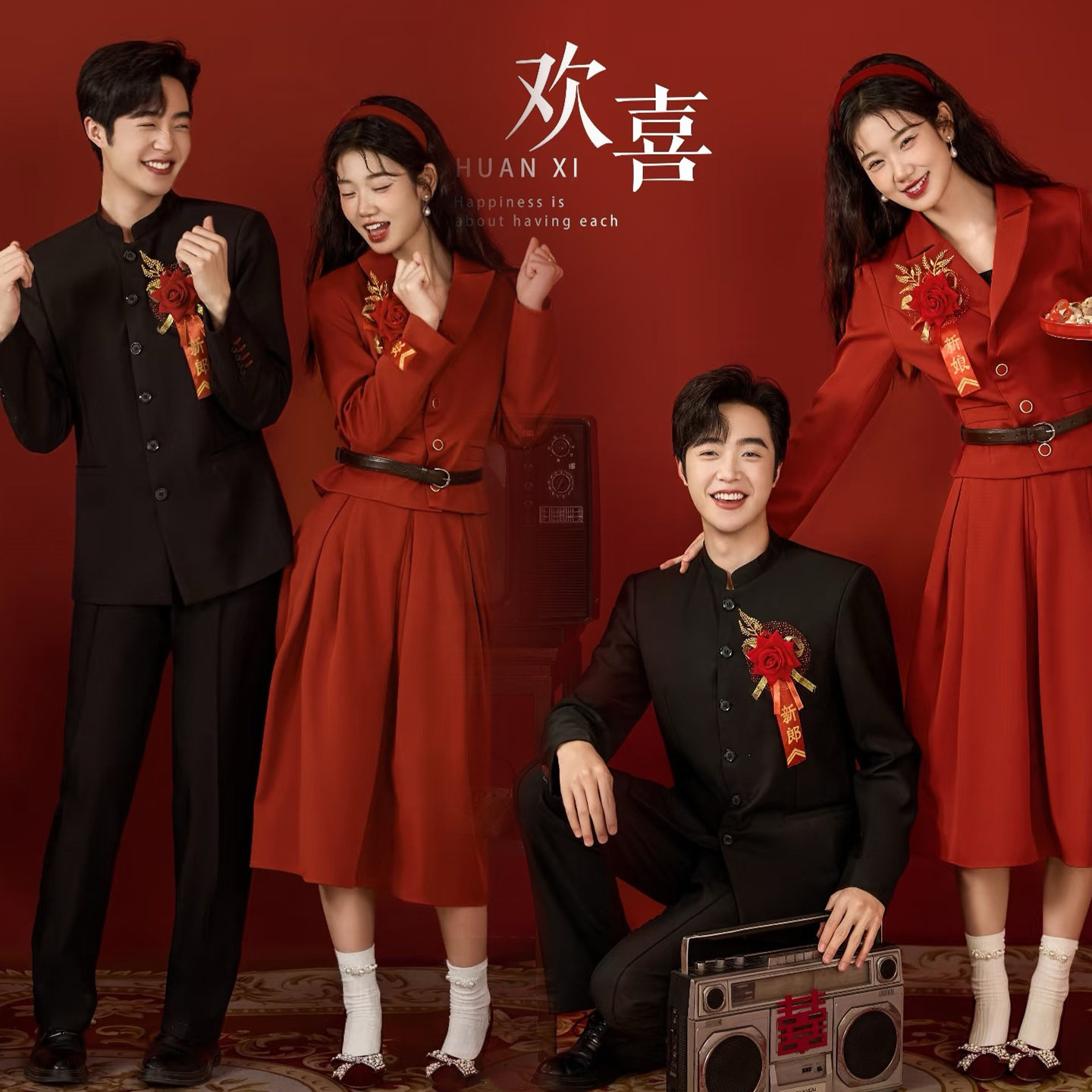 影楼港风服装主题敬酒服情侣复古套装新娘红色结婚80年代写真礼服