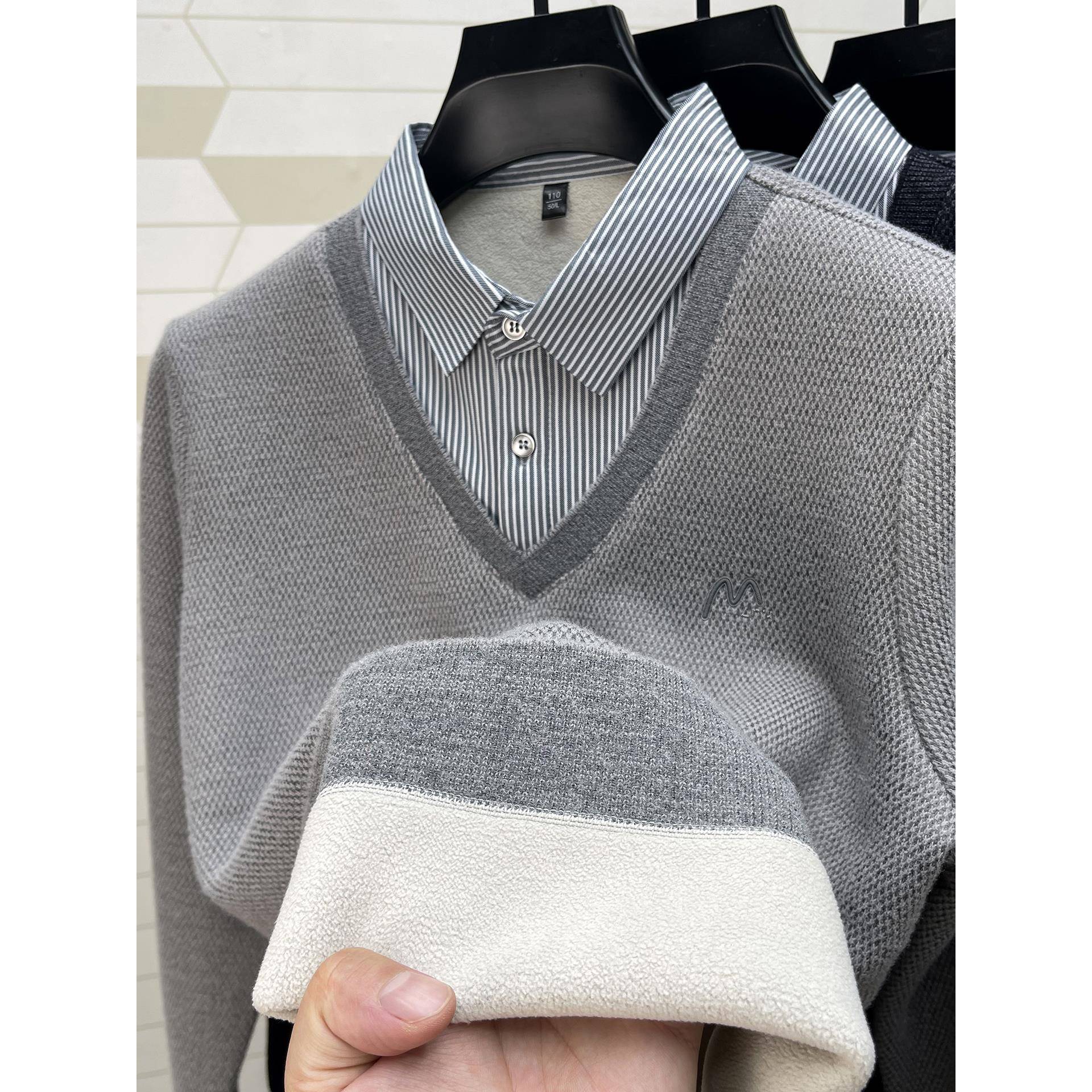 柔软保暖~不起球~加绒加厚假两件毛衣男冬季内搭衬衫领打底针织衫