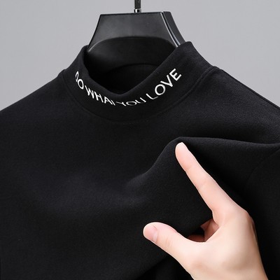 刺绣真德绒男士加绒加厚半高领打底衫中领百搭针织衫冬季保暖上衣