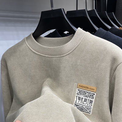 新款冬装加绒卫衣男无帽内搭加厚保暖毛衣套头中青年圆领打底衫潮