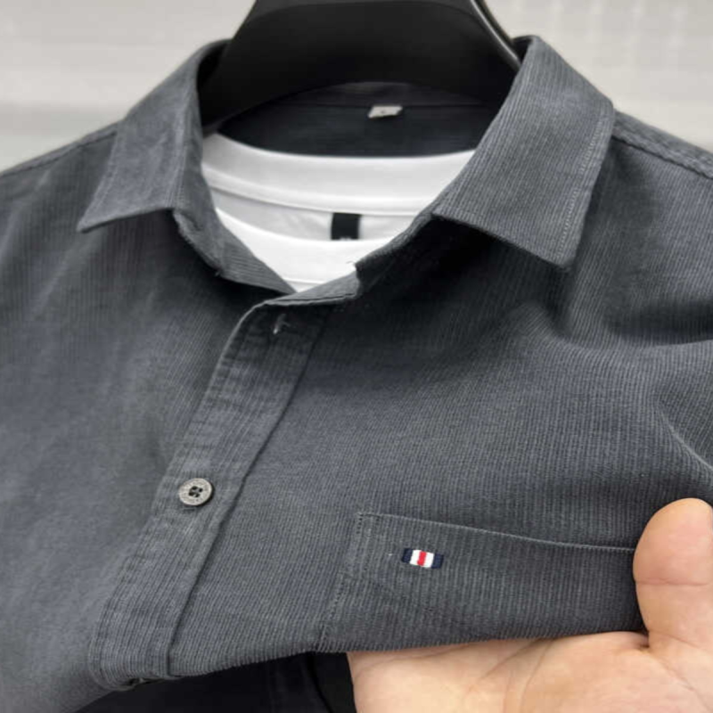 外贸纯棉灯芯绒口袋男士长袖衬衫中年纯色休闲刺绣衬衣秋装寸衫