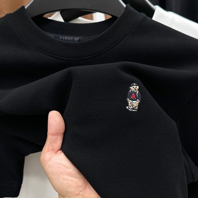 短袖德绒T恤男秋冬季刺绣小熊标磨毛加厚内搭保暖体恤圆领上衣男