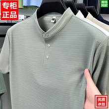 冰丝立领短袖t恤男士2025新款夏季速干凉感半袖上衣服开叉体恤衫